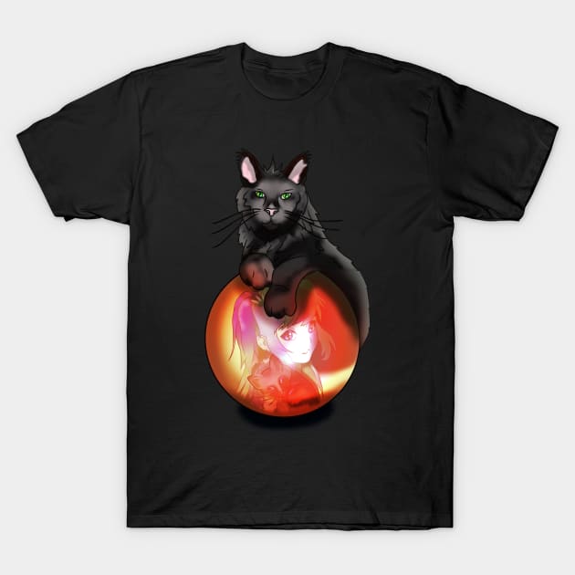 Black fluffy cat on a red glow crystal ball T-Shirt by cuisinecat